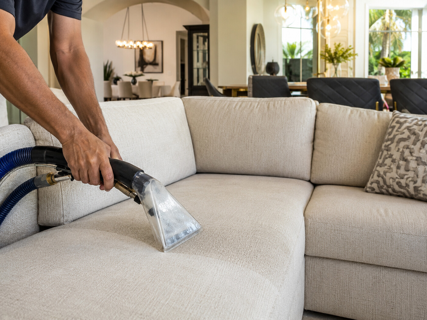 Professional upholstery cleaner using an extraction wand on a sofa